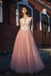 A-line Bateau Pink Tulle Long Prom Dresses Applique Formal Gowns PDR53