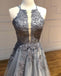 A-line Spaghetti Straps Lace Appliques Grey Tulle Long Prom Dresses Party Dresses PDR70