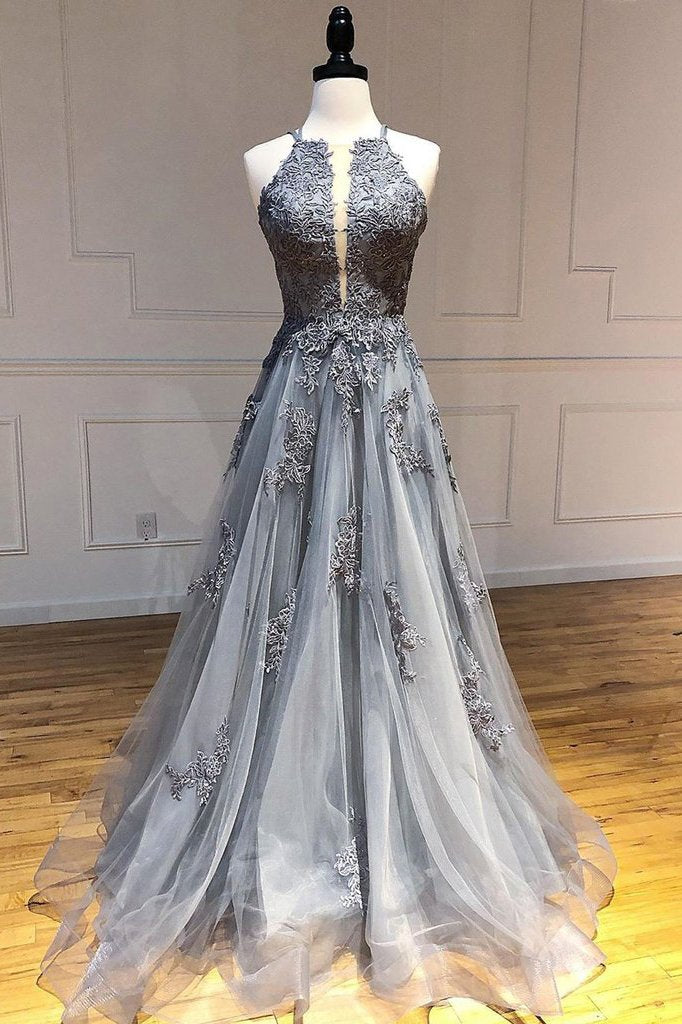 A-line Spaghetti Straps Lace Appliques Grey Tulle Long Prom Dresses Party Dresses PDR70