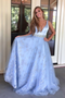 A-line V neck Applique Beading Sky Blue Tulle Long Prom Dresses Party Dresses PDR68