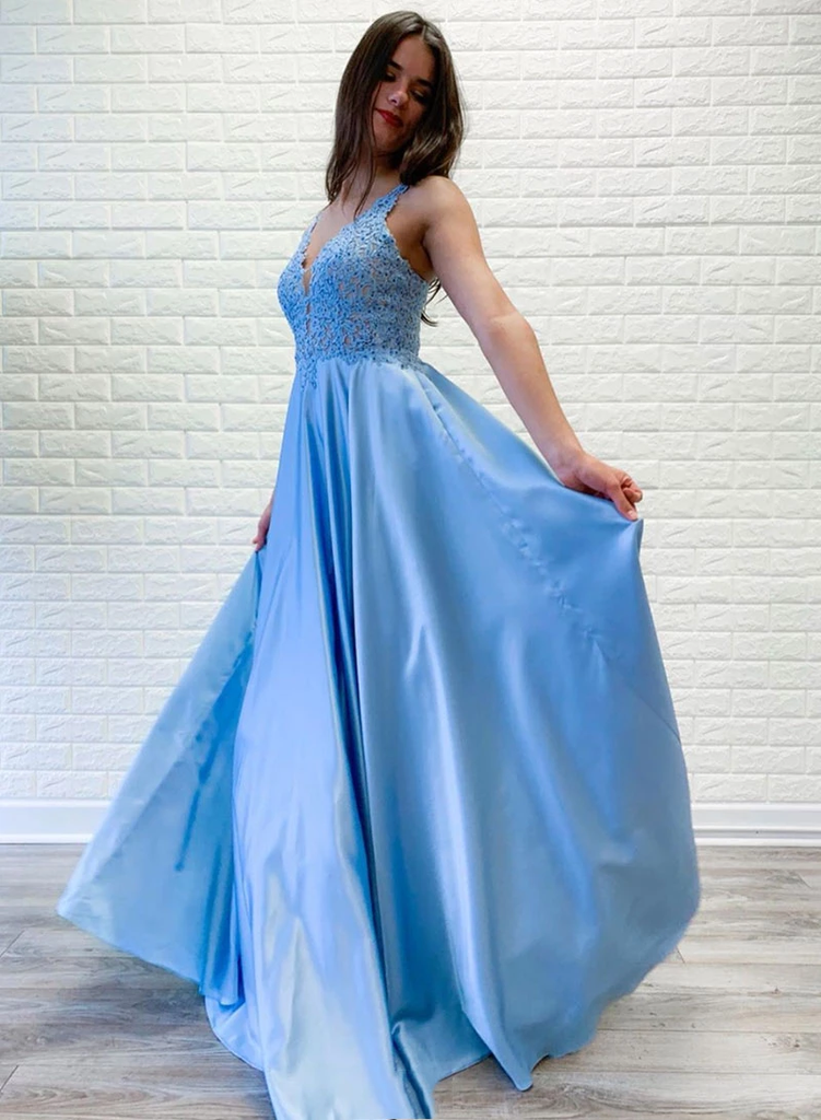 A-line V neck Lace Appliques Long Satin Prom Dresses Blue Evening Party Dresses PDR67