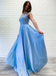 A-line V neck Lace Appliques Long Satin Prom Dresses Blue Evening Party Dresses PDR67