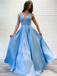 A-line V neck Lace Appliques Long Satin Prom Dresses Blue Evening Party Dresses PDR67