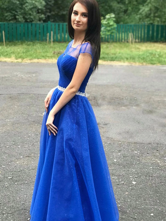 A-line Cap Sleeves Royal Blue Long Prom Dresses Beaded Evening Dresses PDR65