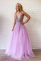 A-line V Neck Lilac Long Prom Dresses Tulle Beaded Evening Gowns PDR64