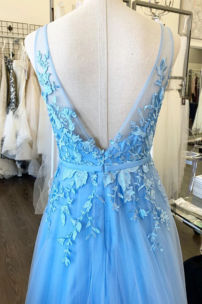 A-line V Neck Blue Long Prom Dresses Applique Tulle Evening Dresses PDR63