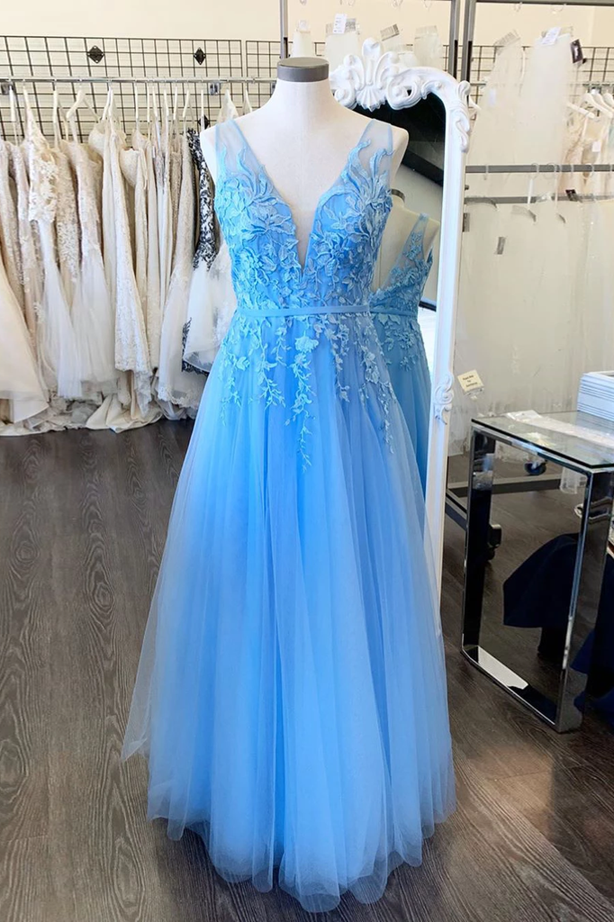 A-line V Neck Blue Long Prom Dresses Applique Tulle Evening Dresses PDR63