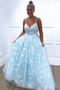 Spaghetti Straps Sky Blue Floral Appliques Long Prom Dresses Evening Dresses PDR61