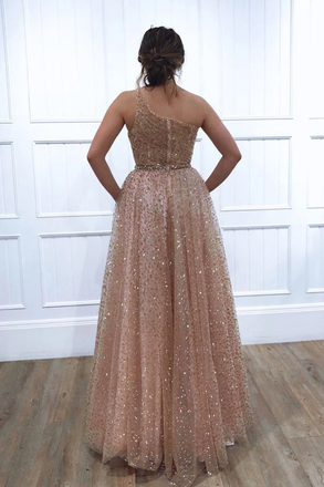 A-line One Shoulder Sparkly Long Sequins Prom Dresses Evening Dresses PDR62