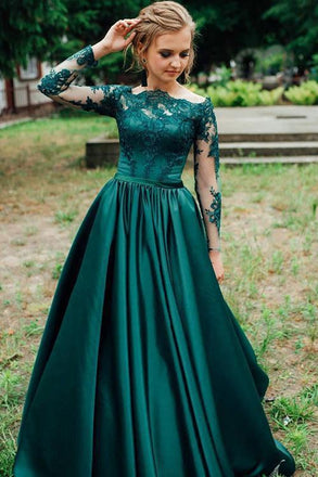 A Line Long Sleeves Dark Green Satin Appliques Prom Dresses Evening Dress PDR46