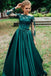 A Line Long Sleeves Dark Green Satin Appliques Prom Dresses Evening Dress PDR46