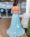 Spaghetti Straps Sky Blue Prom Dress With Slit Sparkly A Line Formal Dress PDR59