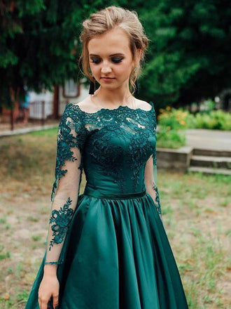 A Line Long Sleeves Dark Green Satin Appliques Prom Dresses Evening Dress PDR46