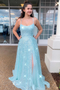 Spaghetti Straps Sky Blue Prom Dress With Slit Sparkly A Line Formal Dress PDR59