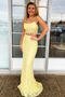 Two Piece Spaghetti Straps Yellow Lace Long Mermaid Prom Dress PDR58