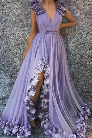 A Line V Neck Long Flowers Rushed Prom Dresses With Silt Evening Dresses PDR47