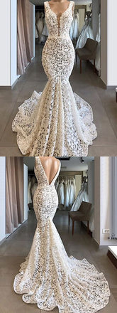 Trumpet/Mermaid V neck Ivory Lace Long Prom Dresses Evening Dresses PDR50