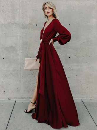 A-line Burgundy Long Prom Dresses Long Sleeve Simple Cheap Evening Dress PDR56