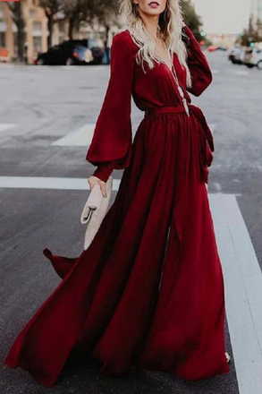 A-line Burgundy Long Prom Dresses Long Sleeve Simple Cheap Evening Dress PDR56
