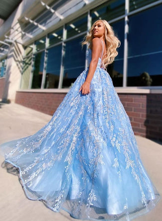 A-line Spaghetti Straps Lace Appliques Sky Blue Long Prom Dresses Evening Dresses PDR51