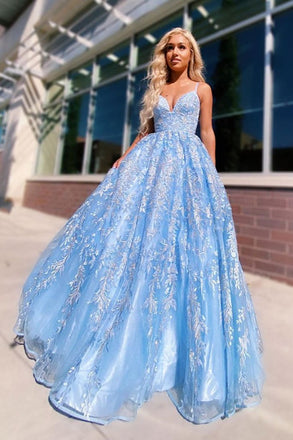A-line Spaghetti Straps Lace Appliques Sky Blue Long Prom Dresses Evening Dresses PDR51