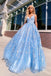 A-line Spaghetti Straps Lace Appliques Sky Blue Long Prom Dresses Evening Dresses PDR51