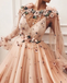 A line Long Sleeves Prom Dresses 3D Flowers Prom Dress Formal Evening Dress PDR44