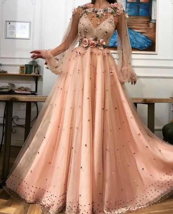 A line Long Sleeves Prom Dresses 3D Flowers Prom Dress Formal Evening trendtydresses A line Long Sleeves Prom Dresses 3D Flowers Prom Dress Formal Evening trendtydresses