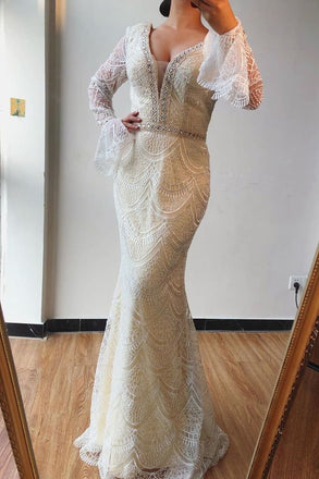 Elegant Sparkly Mermaid V neck Lace Beaded Long Sleeves Prom Dresses Evening Gowns PD190