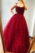 Burgundy Spaghetti Straps Beaded Long Prom Dresses A Line Formal Evening Gowns PDS73
