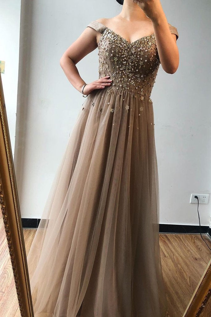 A-line Off-the-shoulder Beaded Long Prom Dresses Brown Evening Gowns PDS72