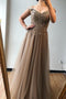 Elegant A-line Off the Shoulder Beaded Long Prom Dresses Brown Evening Gowns PD201