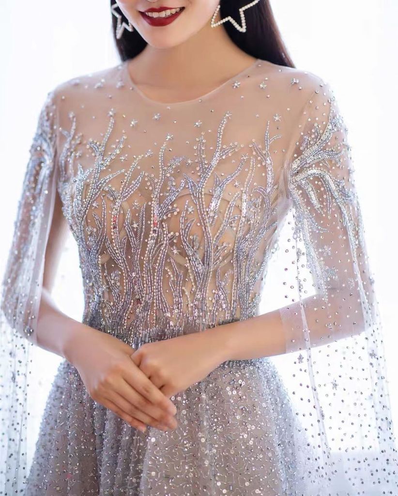 Charming A-line Round Beaded Long Sleeves Round Neck Prom Dresses Formal Gowns PD202