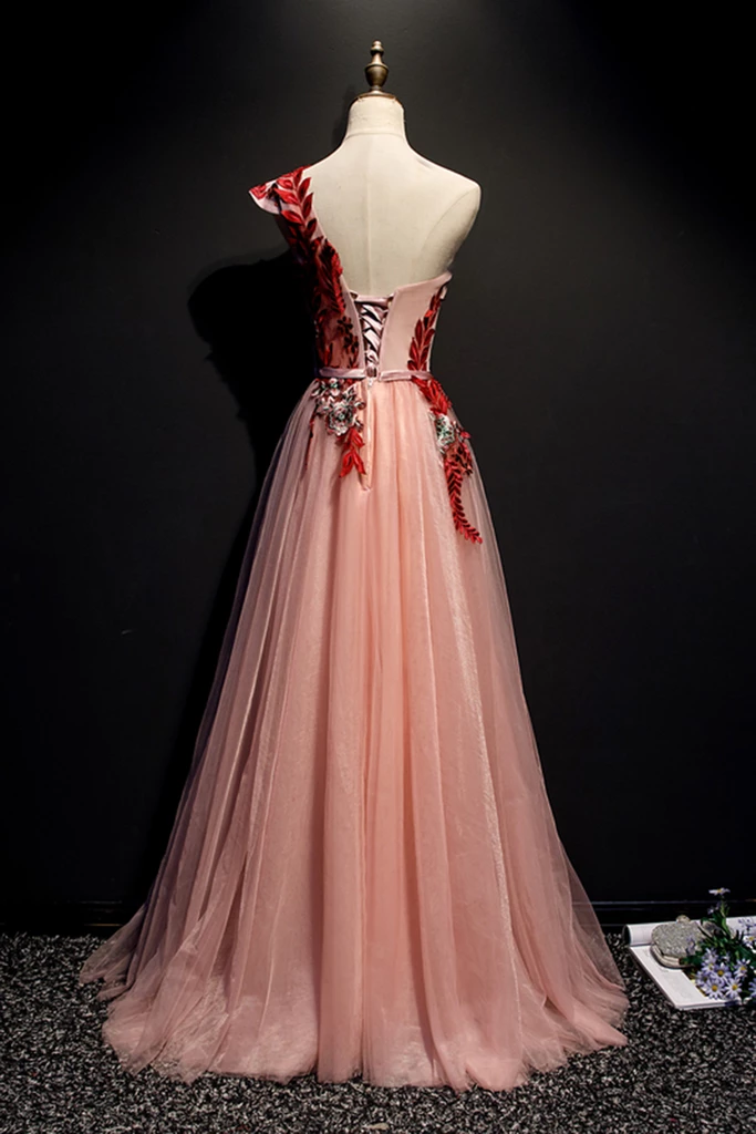 A Line Pink One Shoulder Tulle Red Applique Long Prom Dress Evening Dress PDR97