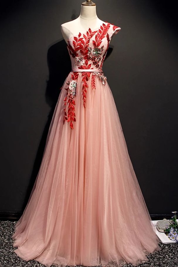 A Line Pink One Shoulder Tulle Red Applique Long Prom Dress Evening Dress PDR97
