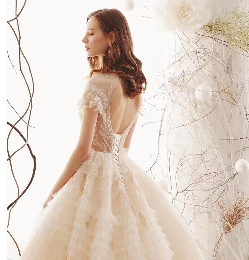 Princess High Neck Ball Gown Wedding Dresses, Short Sleeves Bridal Dress PDK1