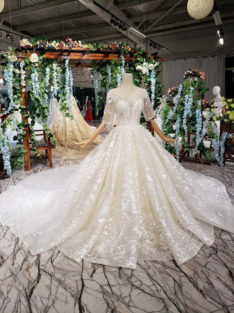 Lace Half Sleeves Ball Gown Wedding Dresses, Fashion Beading Big Wedding Gown PDK3
