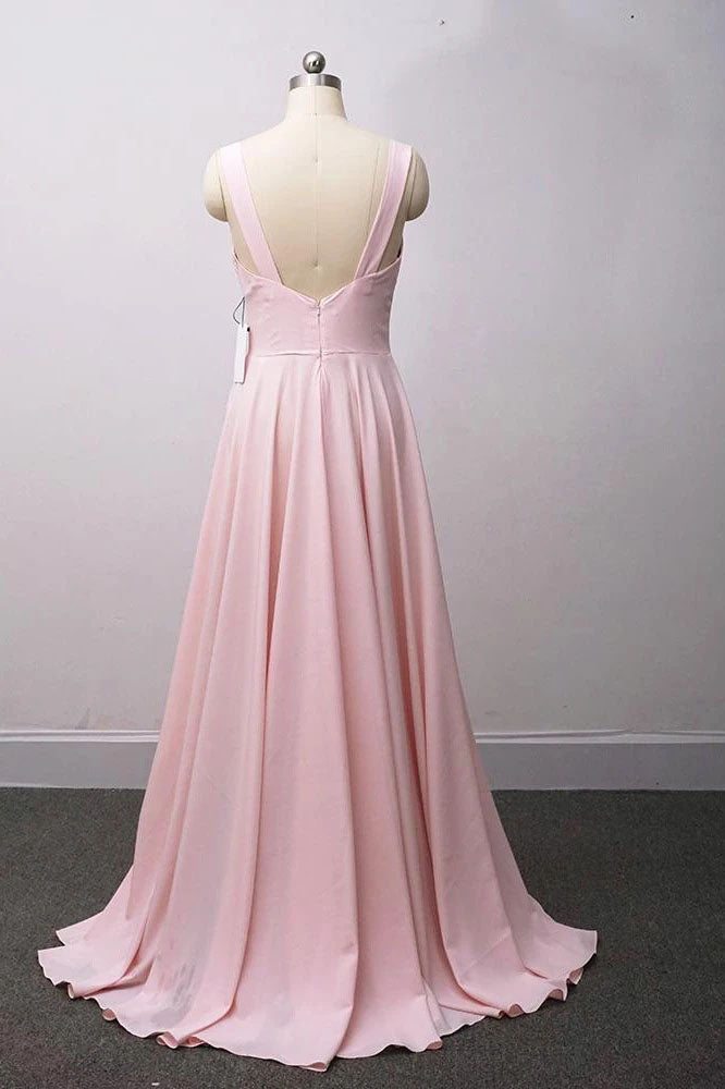 A Line Burgundy V Neck Ruffles Slit Bridesmaid Dresses, Long Cheap Prom Dresses SK12