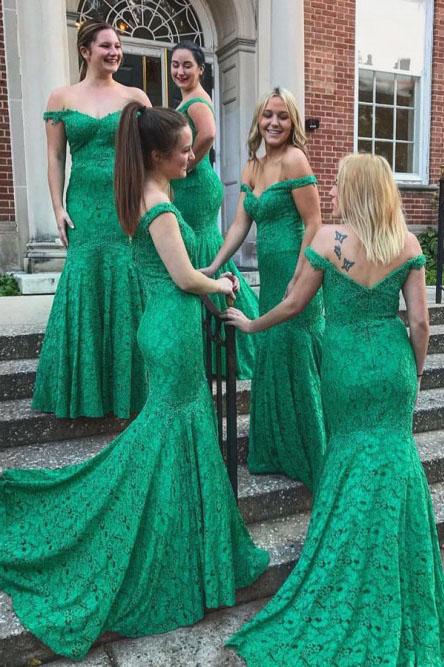 Mermaid Off-the-Shoulder Sweep Train Green Lace Bridesmaid Dress PDR24