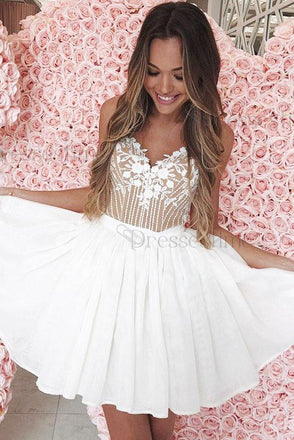 A-Line Spaghetti Straps White Homecoming Dress with Lace Appliques PPD5