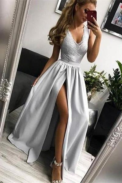 Cheap Silver Long V-neck Lace Satin Prom Dresses For Teens Split Party Dresses PDI57