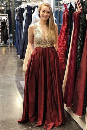 Burgundy A-line Beaded Prom Dresses V-neck Formal Dresses With Pockets PDKK49