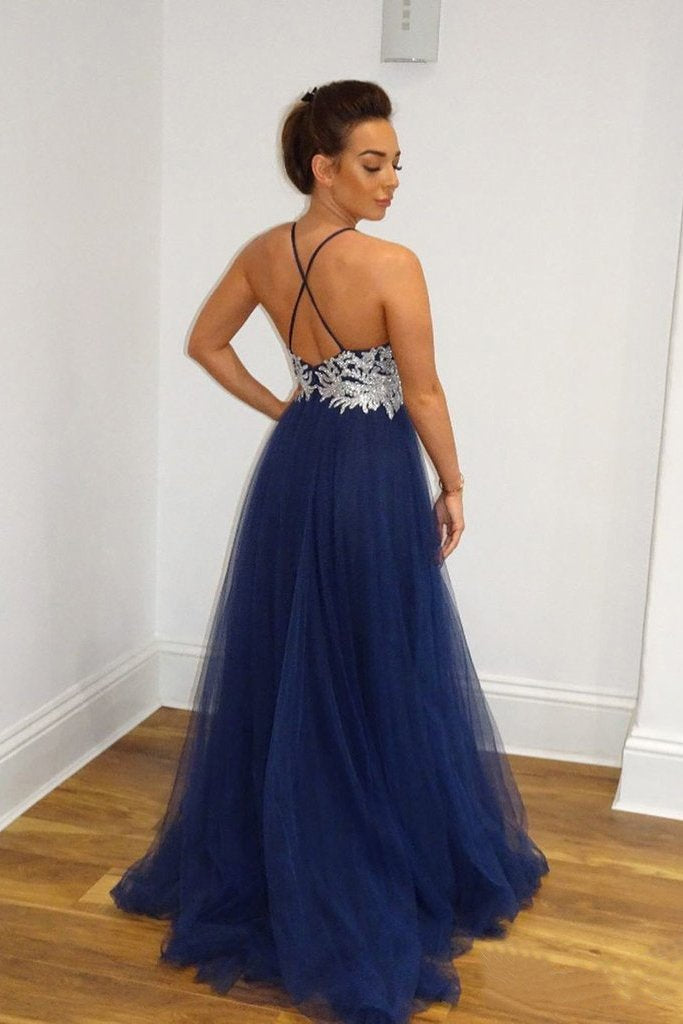 A Line Navy Blue Tulle Prom Dresses Spaghetti Straps Long Prom Gown PDS10