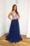 A Line Navy Blue Tulle Prom Dresses Spaghetti Straps Long Prom Gown PDS10