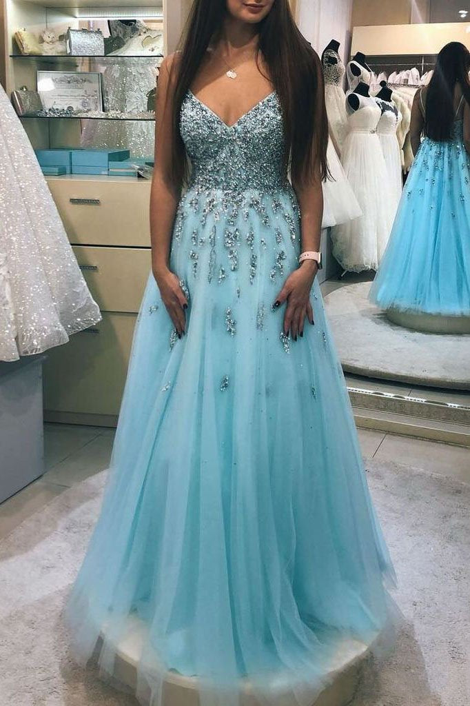 A-line V-neck Beaded Prom Dresses Lace Blue Prom Gowns PDO95