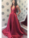 Simple A-line V-neck Satin Long Cheap Red Prom Dresses with Pocket PDN85