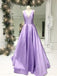 Simple A-line V-neck Satin Long Cheap Red Prom Dresses with Pocket PDN85