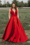 Simple A-line V-neck Satin Long Cheap Red Prom Dresses with Pocket PDN85