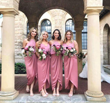 Modest Pink High Low Long Bridesmaid Dress with Ruffles PDG62