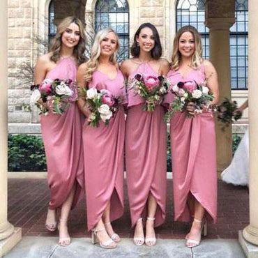 Modest Pink High Low Long Bridesmaid Dress with Ruffles PDG62